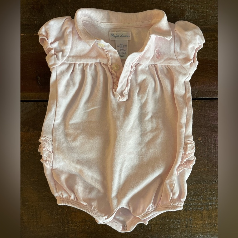 6M Ralph Lauren blush ruffled bubble onesie